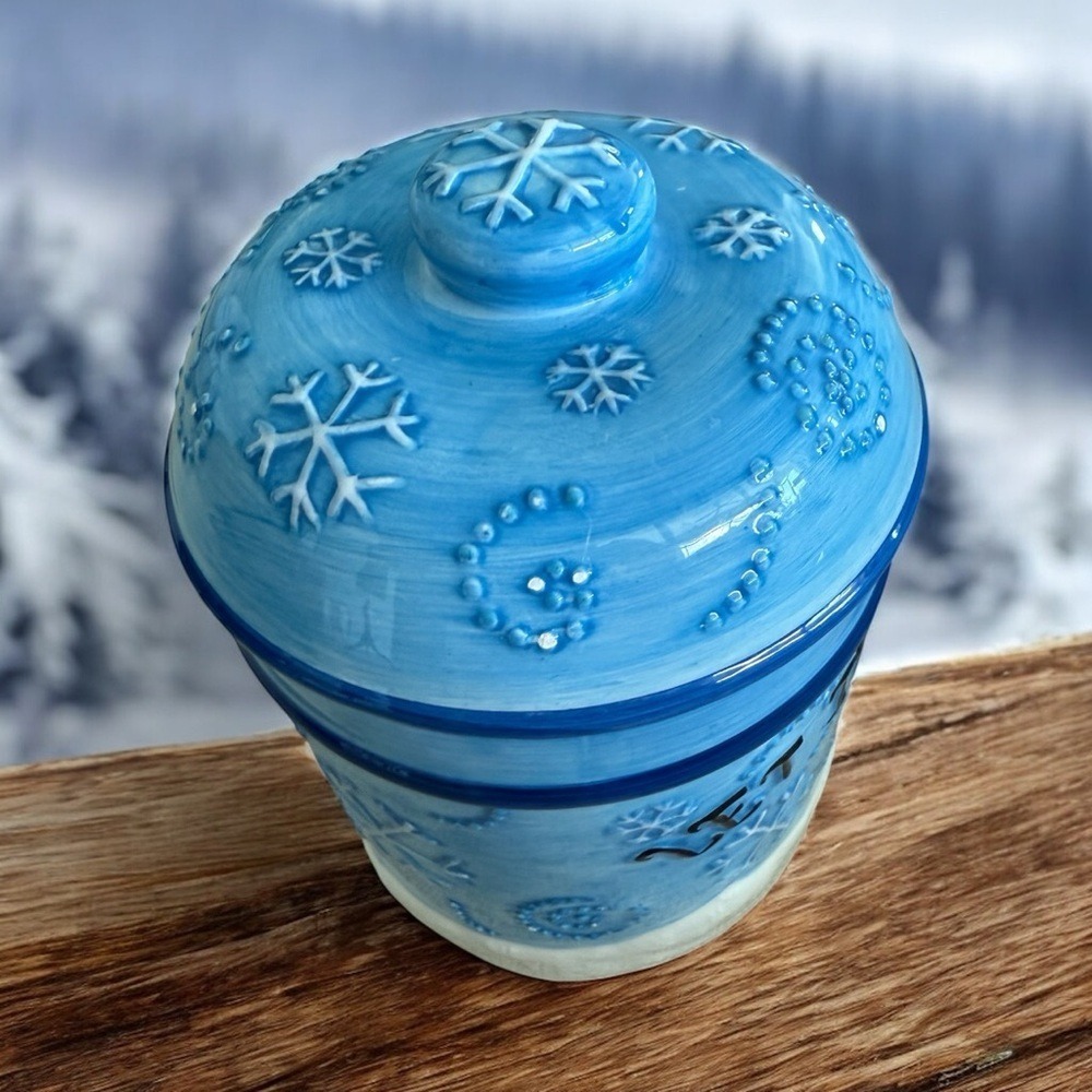 Christmas Houston Harvest Ceramic Jar Blue Let it Snow Holiday snowman - Picture 7 of 8